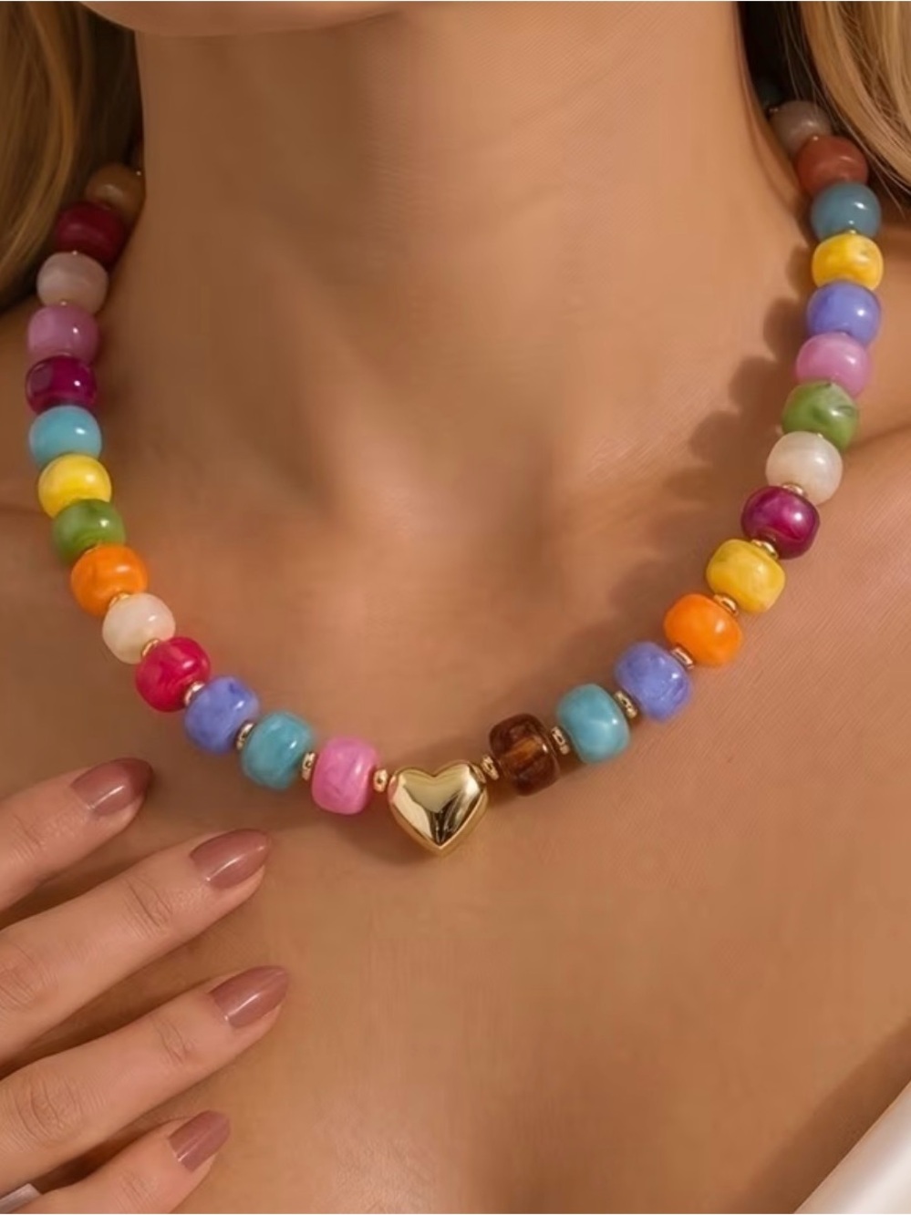 Colorful Bead Heart Pendant Necklace